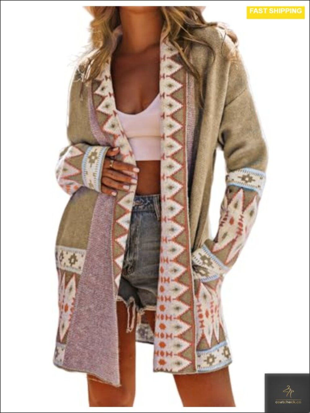 Boho Aztec Cardigan Sweater Shawl Collar Open Front Tribal Long Knit Coat with